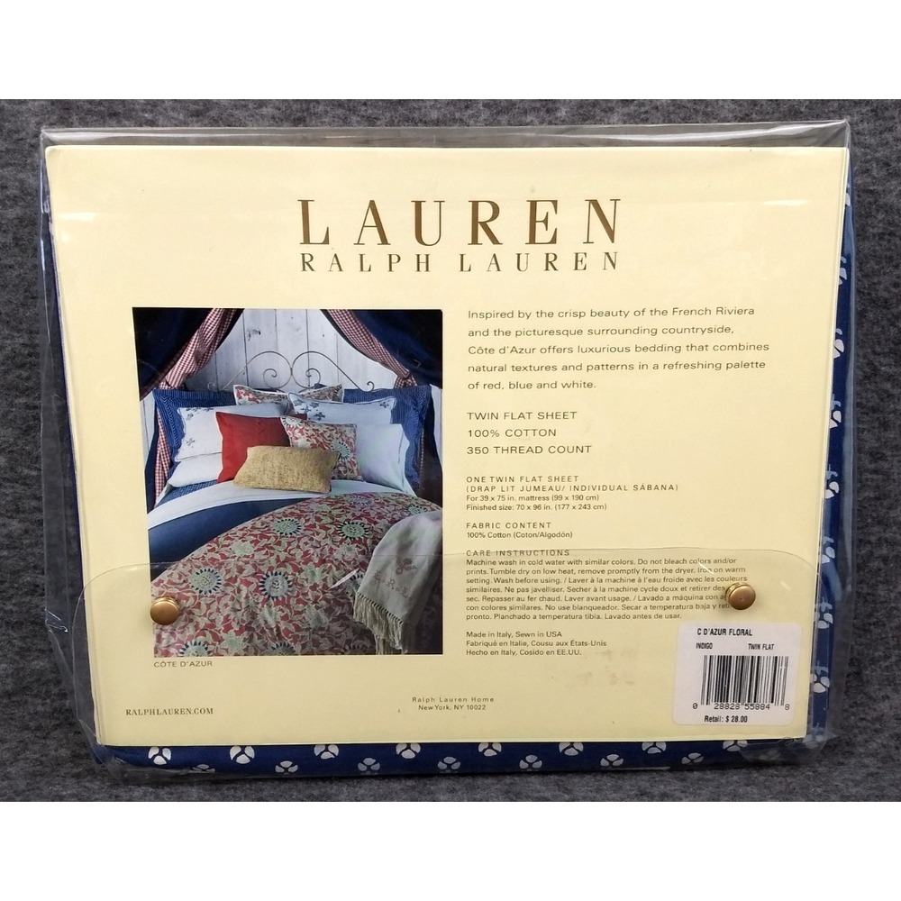 Ralph Lauren Cote D'Azur Twin Flat Sheet Indigo Floral Cotton 350TC Italy NEW - Picture 2 of 13